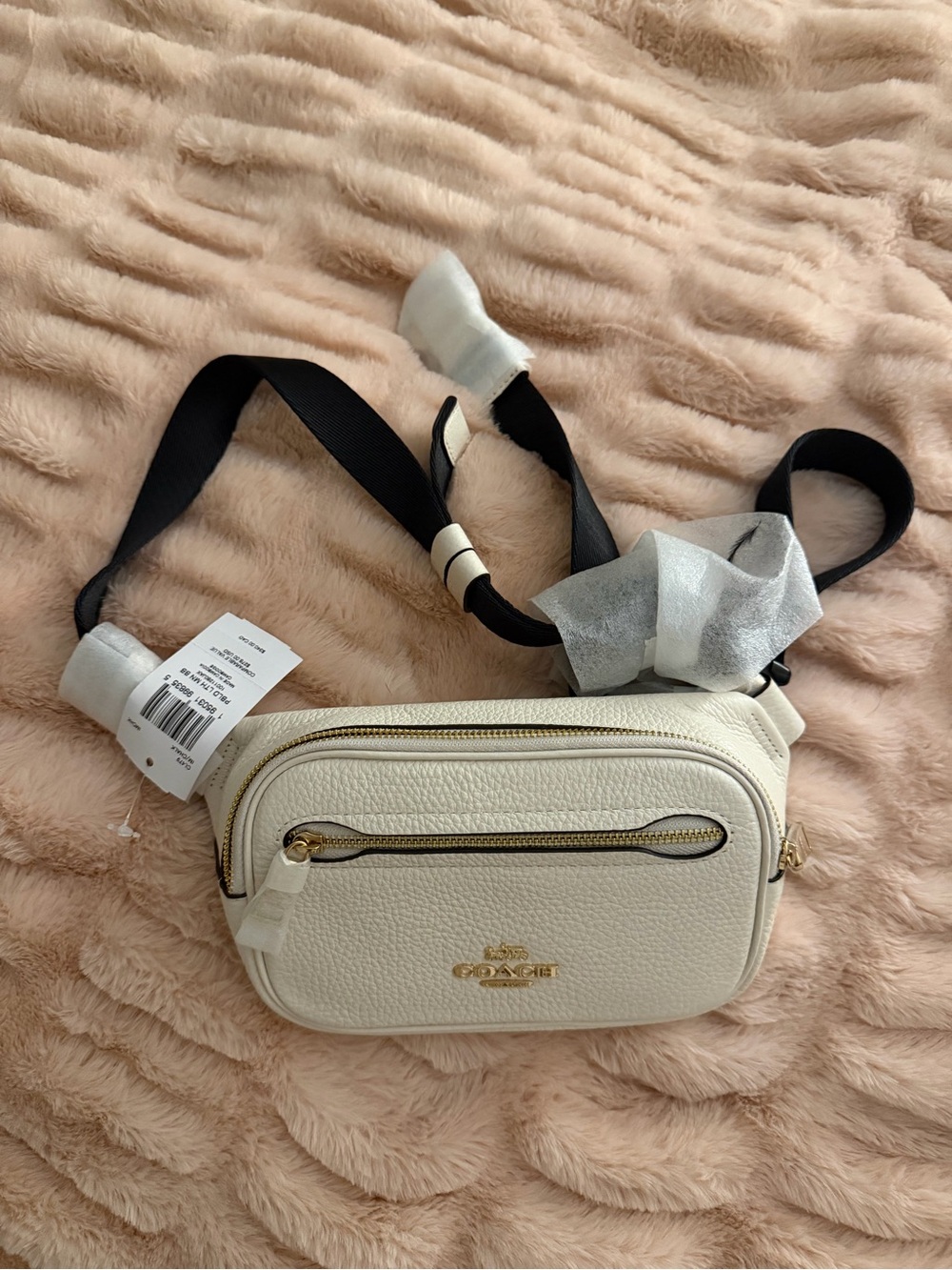 Coach Chalk Pebble Leather Crossbody Belt Bag with Black Strap